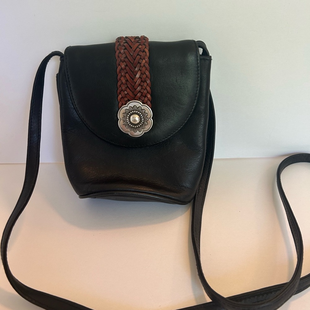 Brighton Black Leather Crossbody with Braided Brown Strap and Concho